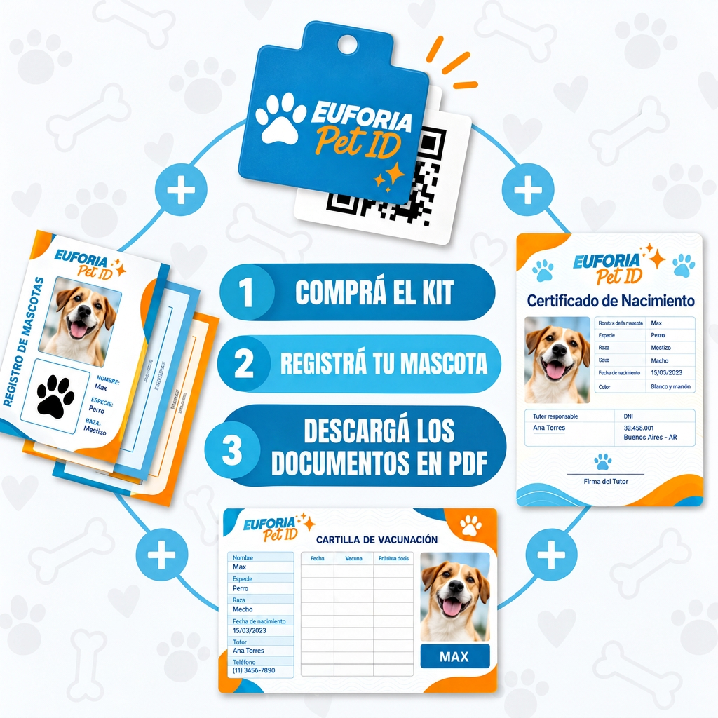 Kit Euforia Pet ID completo: DNI, certificado de nacimiento, libreta de vacunación y TAG QR para descargar en PDF